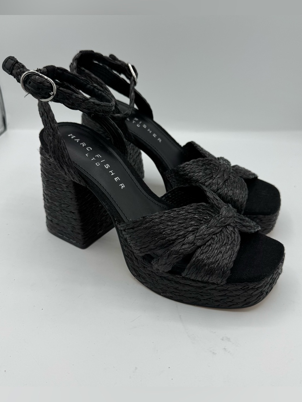 Marc Fisher Janie Braided Ankle-Strap Platform Sandals in black size 6 coastal